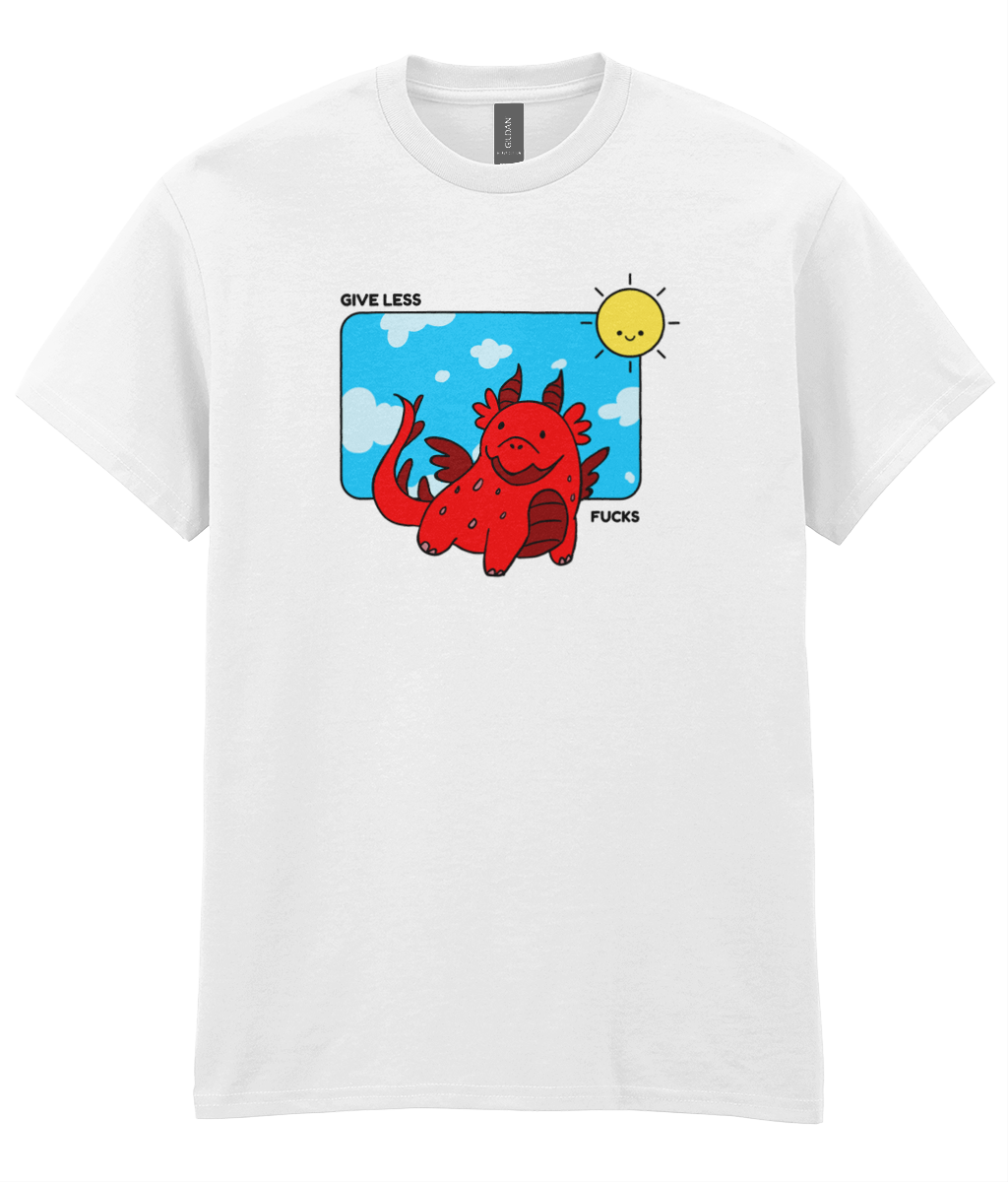 White t-shirt featuring a whimsical red dragon and the phrase 'Give Less Fucks' under a sunny sky.