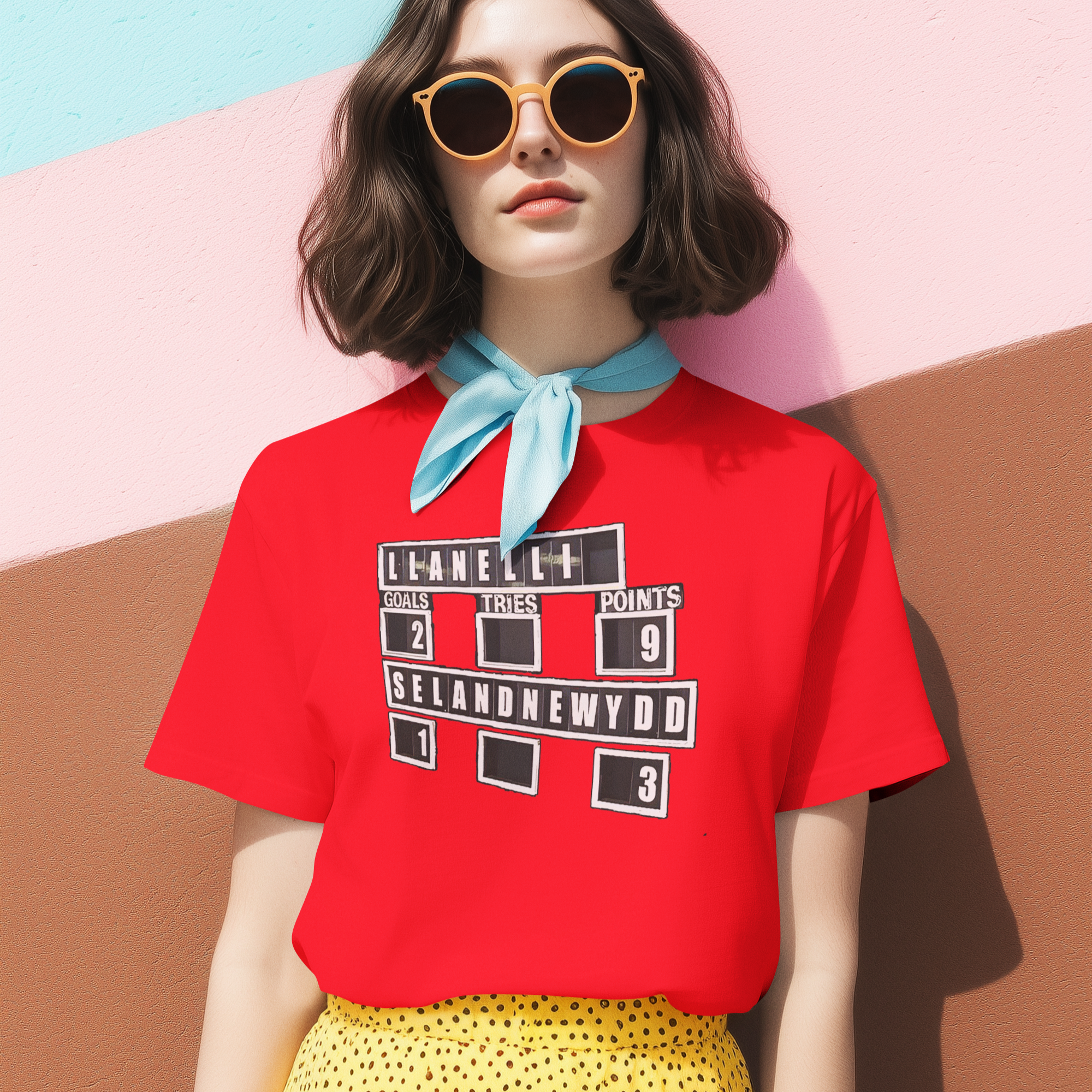 Person wearing a red graphic t-shirt, yellow skirt, and sunglasses against a colorful background