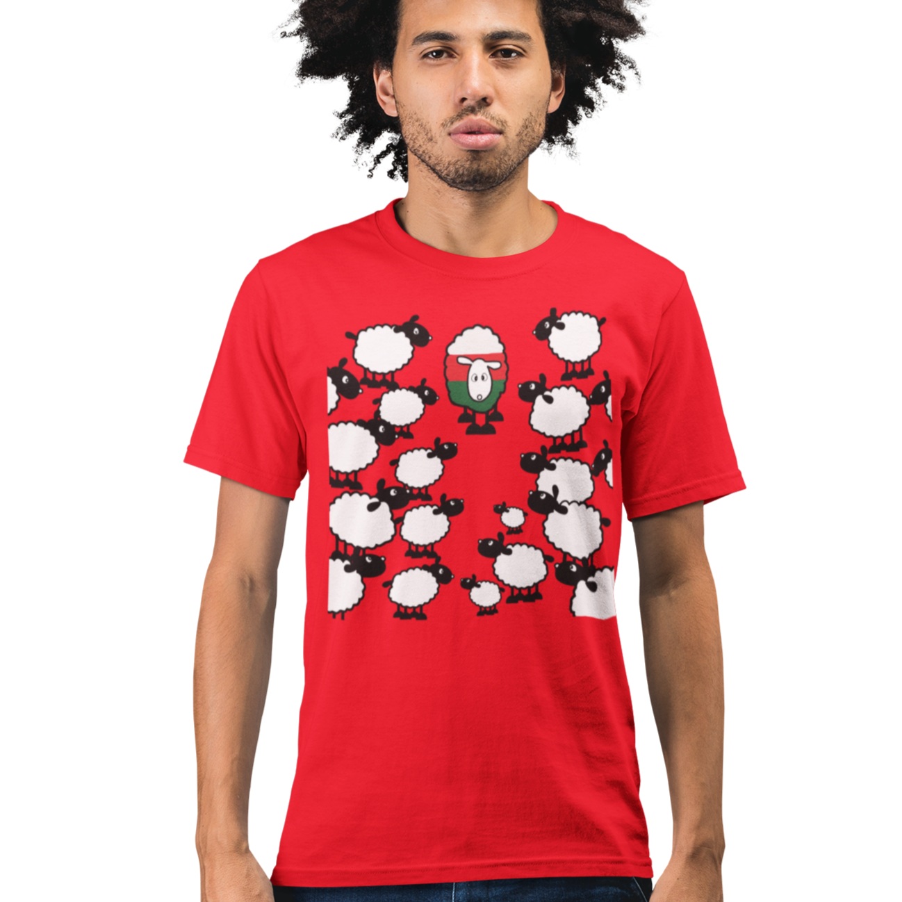 Man wearing a red t-shirt with cartoon character design on a white background