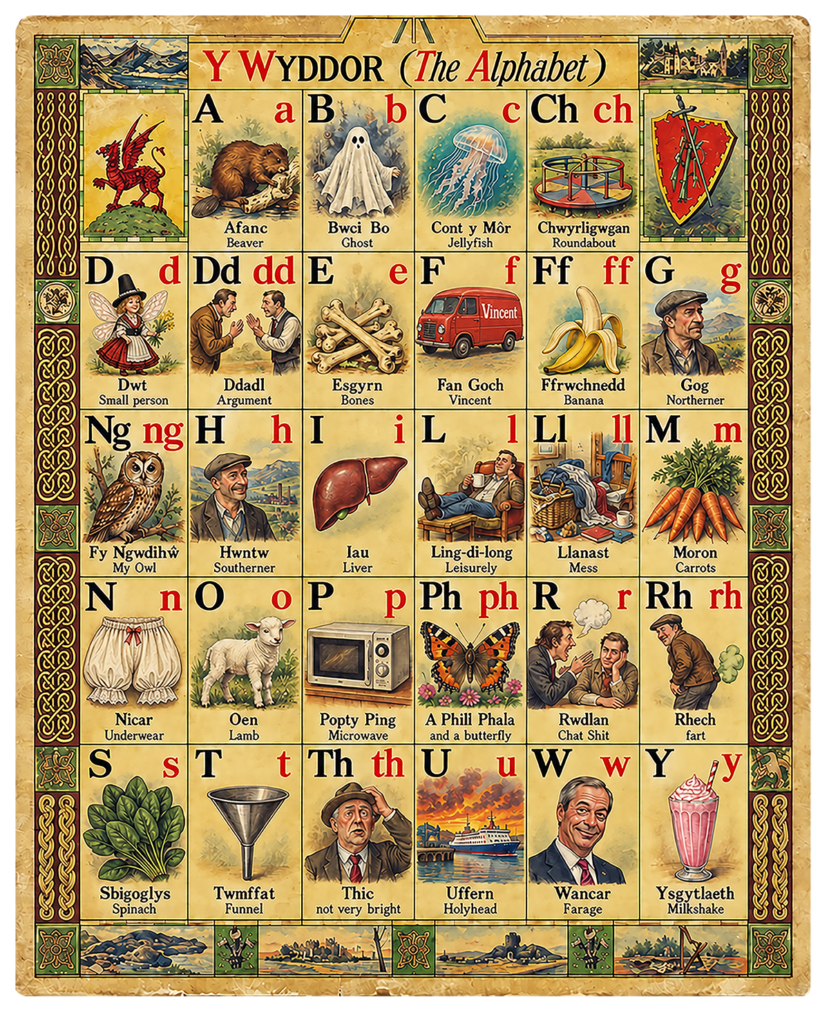 A vintage-style Welsh alphabet poster titled 'Y WYDDOR (The Alphabet)' featuring a grid of letters with Welsh words, animals, vehicles, and illustrations, surrounded by a decorative border.