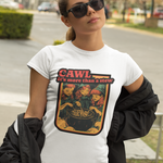 A woman wearing a white graphic t-shirt with a 'CAWL it's more than a stew' print, styled with a black jacket draped off her shoulders and sunglasses, set against an outdoor street background.