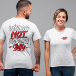 A man and a woman modeling white graphic t-shirts against a solid gray background. The man shows the back of the shirt with a large graphic reading 'WELSH NOT ENGLISH' in white and red above a red dragon.