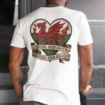 Person wearing a white t-shirt with a red dragon design on the back, standing in an indoor setting.