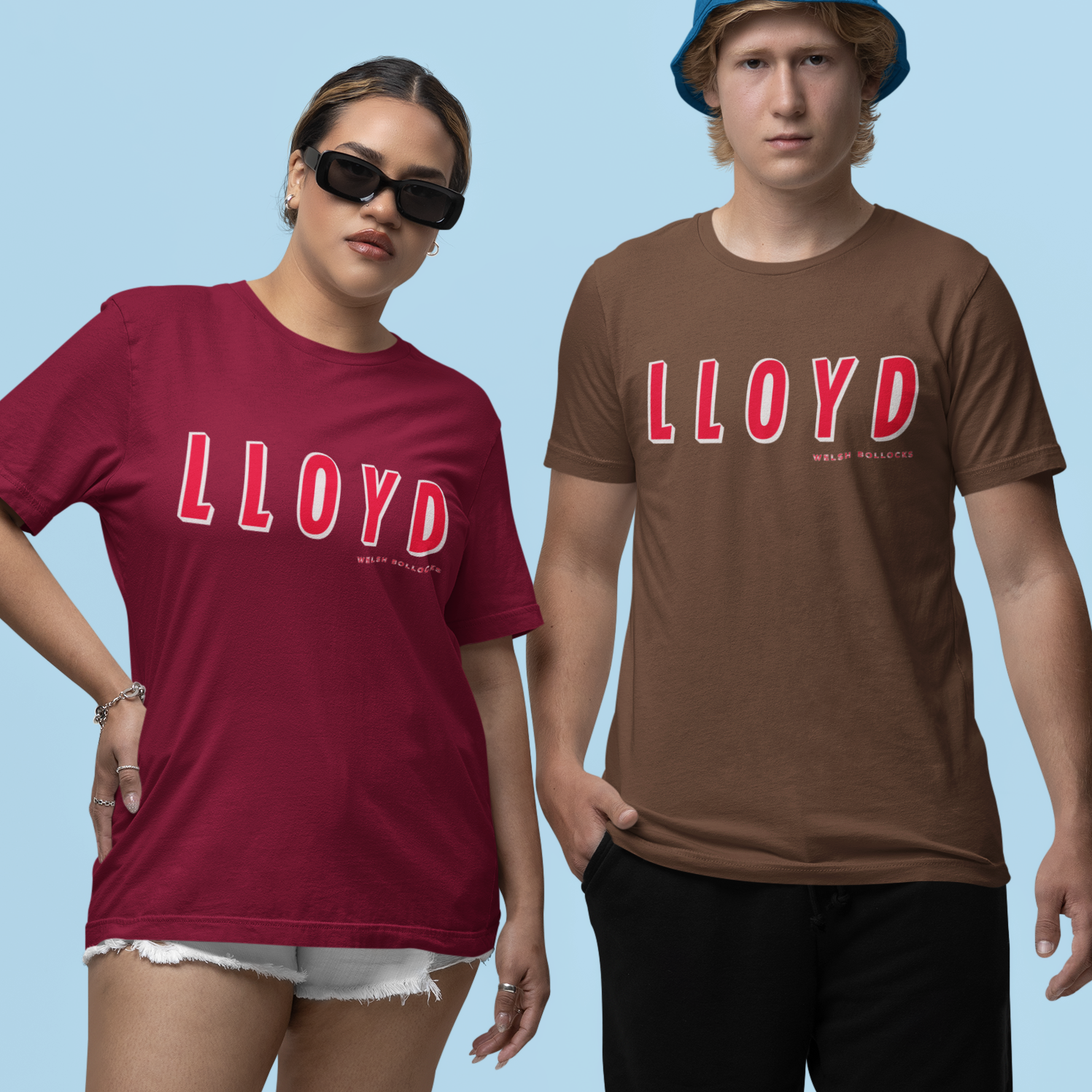 Two people wearing 'Lloyd' branded t-shirts on a light blue background