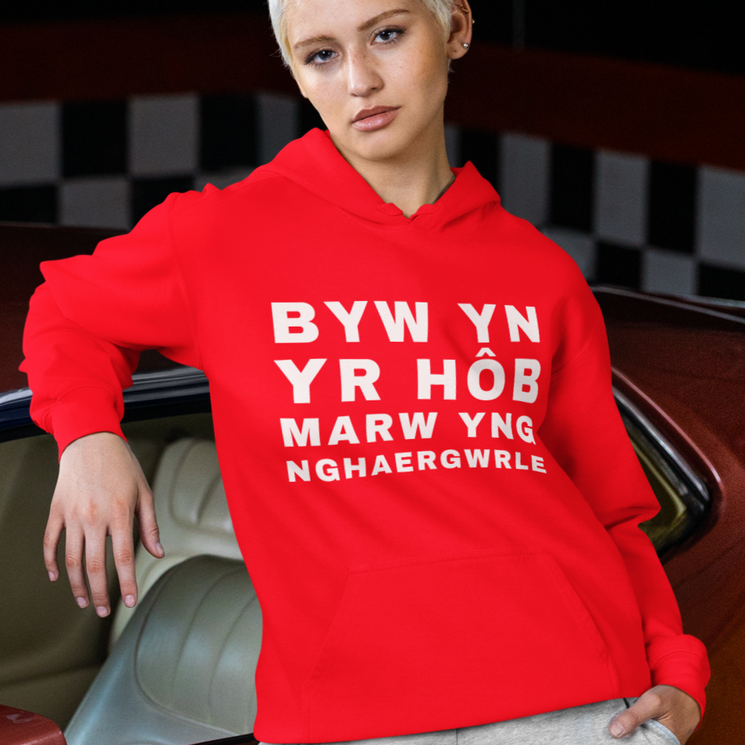 A person wearing a red hoodie with the text 'BYWYN YR HÖB MARW YN NGHAERGWRLE' printed on the front.
