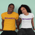 Two people wearing 'Richards' t-shirts on a light green background