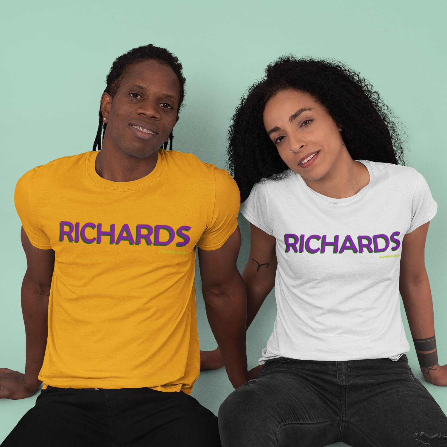 Two people wearing 'Richards' t-shirts on a light green background