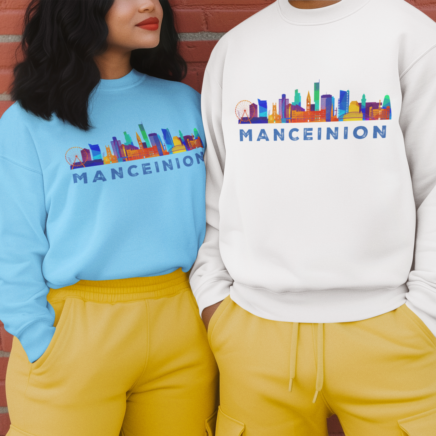 Two models wearing matching sweatshirts and cargo pants standing against a red brick wall. The person on the left wears a light blue sweatshirt and mustard yellow pants, while the person on the right wears a white sweatshirt and mustard yellow pants.
