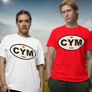 Two people wearing t-shirts with 'CYM' logo in a scenic outdoor setting