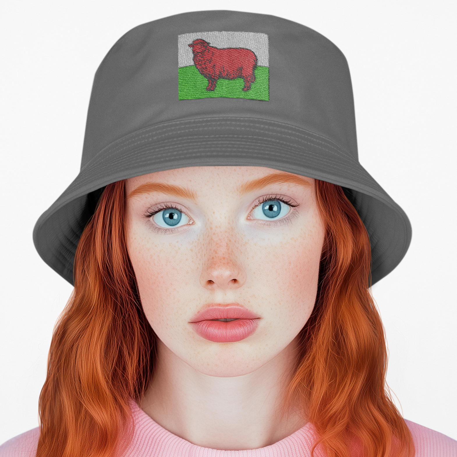 Person wearing a gray bucket hat with a logo, against a white background