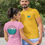 Two people wearing t-shirts with a circular logo featuring a mountain and wave design.