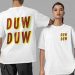 Two people wearing white t-shirts with 'DUW DUW' printed on the back against a gray background