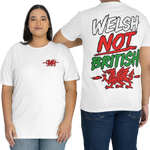 Two models wearing white graphic t-shirts against a plain white background. The model on the left is shown from the front with a small red chest graphic.