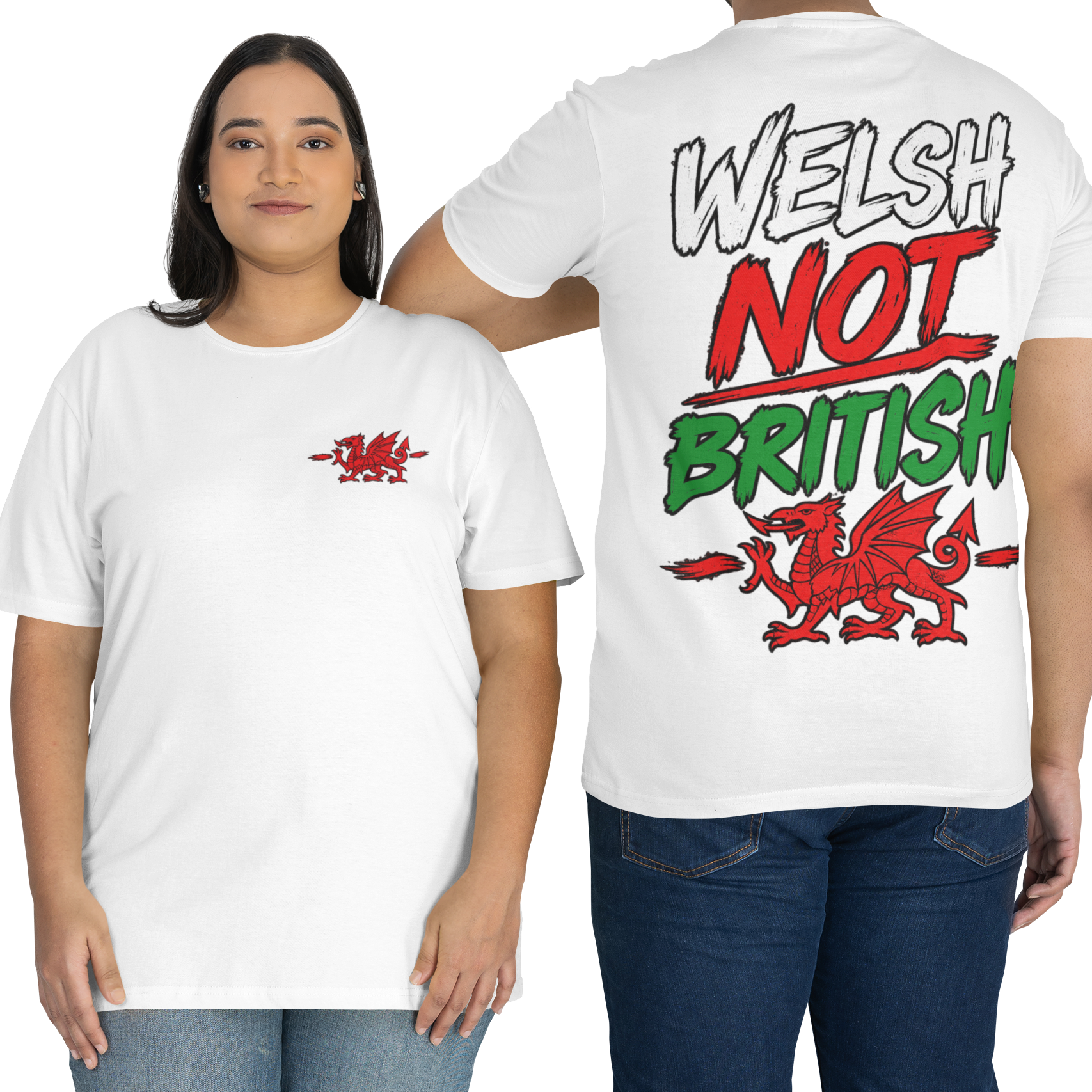 Two models wearing white graphic t-shirts against a plain white background. The model on the left is shown from the front with a small red chest graphic.