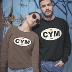 Two people wearing sweatshirts with 'CYM' logo against a graffiti-covered wall.