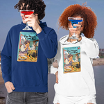Two models wearing hoodies with a vintage-style 'The Magic Cawl Pot' graphic print on the chest, posed outdoors near the water under a blue sky.
