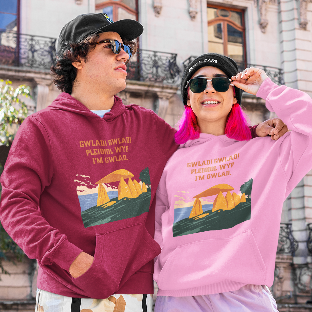 Two models posing in front of a historic building, wearing matching graphic hoodies. The model on the left wears a maroon hoodie, and the model on the right wears a light pink hoodie.