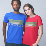 Two models wearing Abergwaun t-shirts in blue and red, standing against a light gray studio background.