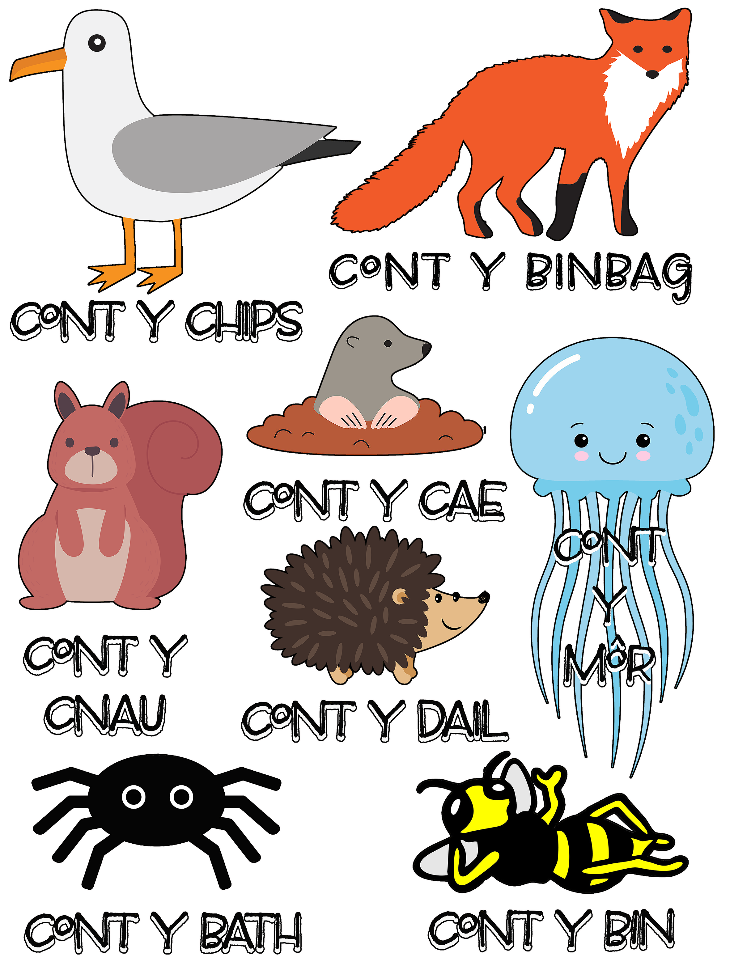 A cartoon-style educational chart showing various animals with Welsh 'count the' phrases beneath them, including a seagull, fox, squirrel, hedgehog, spider, and bee, on a plain white background.