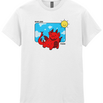 White t-shirt featuring a whimsical red dragon and the phrase 'Give Less Fucks' under a sunny sky.