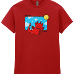 Red t-shirt featuring a cartoon dragon graphic with the phrase 'Give Less Fucks' and a sun design.