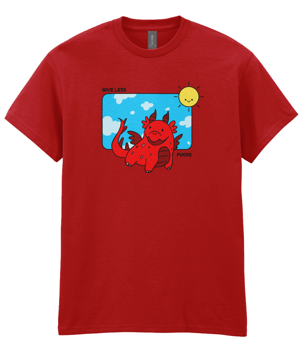 Red t-shirt featuring a cartoon dragon graphic with the phrase 'Give Less Fucks' and a sun design.