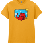 Yellow t-shirt with a playful dragon graphic and the text 'Give Less Fucks' against a sunny background.