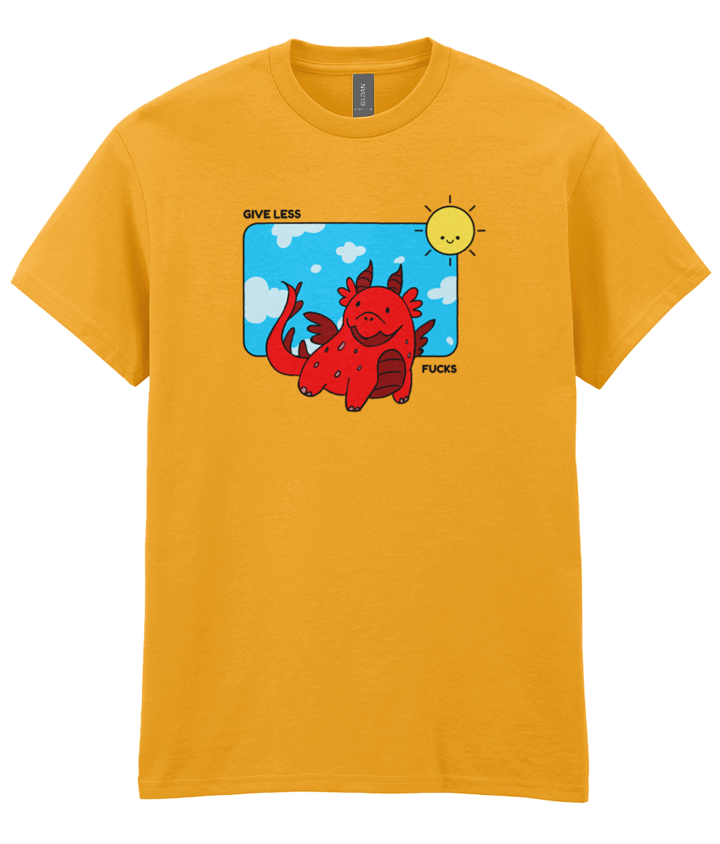 Yellow t-shirt with a playful dragon graphic and the text 'Give Less Fucks' against a sunny background.