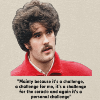 Beige t-shirt with a graphic of a person in a red shirt and a quote on a white background