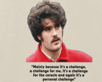 Beige t-shirt with a graphic of a person in a red shirt and a quote on a white background