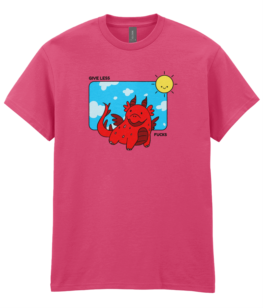 GLF T-shirt featuring a playful dragon graphic with the text 'Give Less Fucks' against a colorful background.