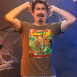 Person wearing a t-shirt with a graphic design, standing in front of a dark background with spider webs and light bulbs.