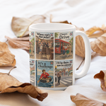 A white ceramic mug with a colorful vintage-style collage print, styled on a white fabric background surrounded by scattered dry brown leaves.