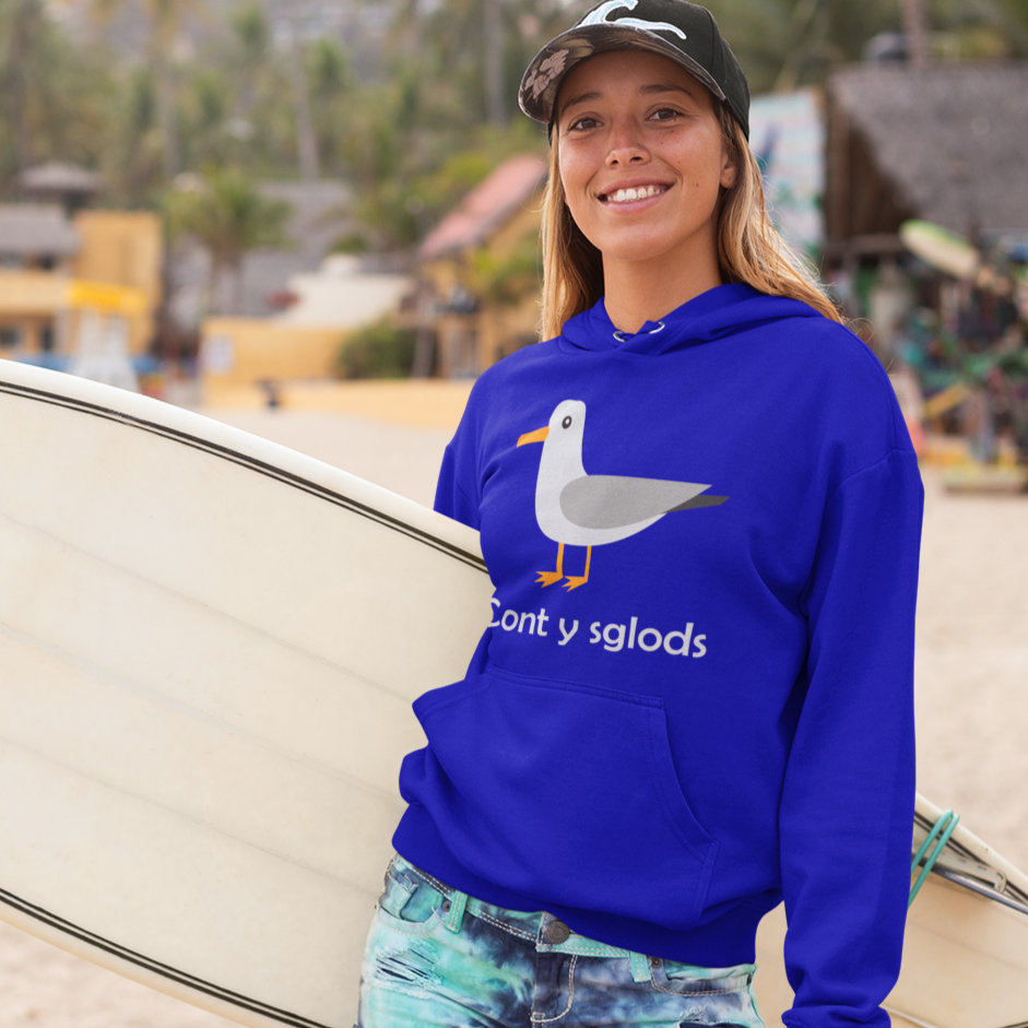 A person standing on a beach holding a surfboard and wearing a blue hoodie with a seagull graphic and the text 'Cont y Sglods'.