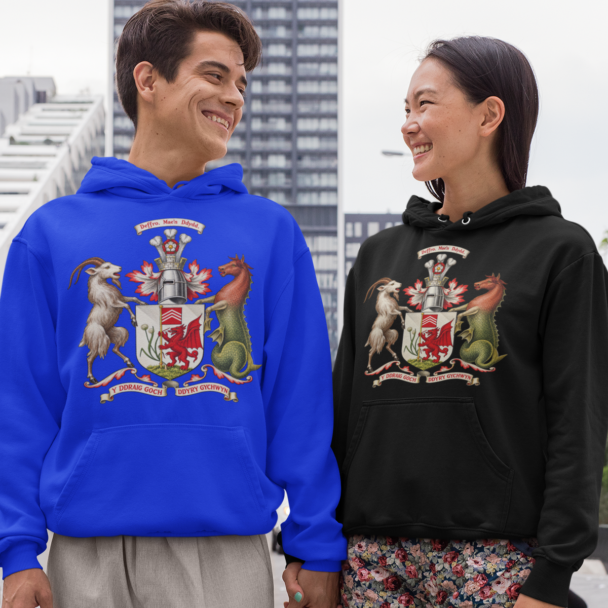 Two models standing outdoors holding hands, wearing matching hoodies. The model on the left wears a bright blue hoodie with a detailed multicolor crest graphic on the front, and the model on the right wears a black hoodie with the same crest graphic.