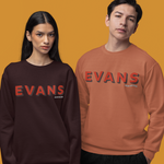 Two people wearing 'EVANS' branded sweatshirts on an orange background