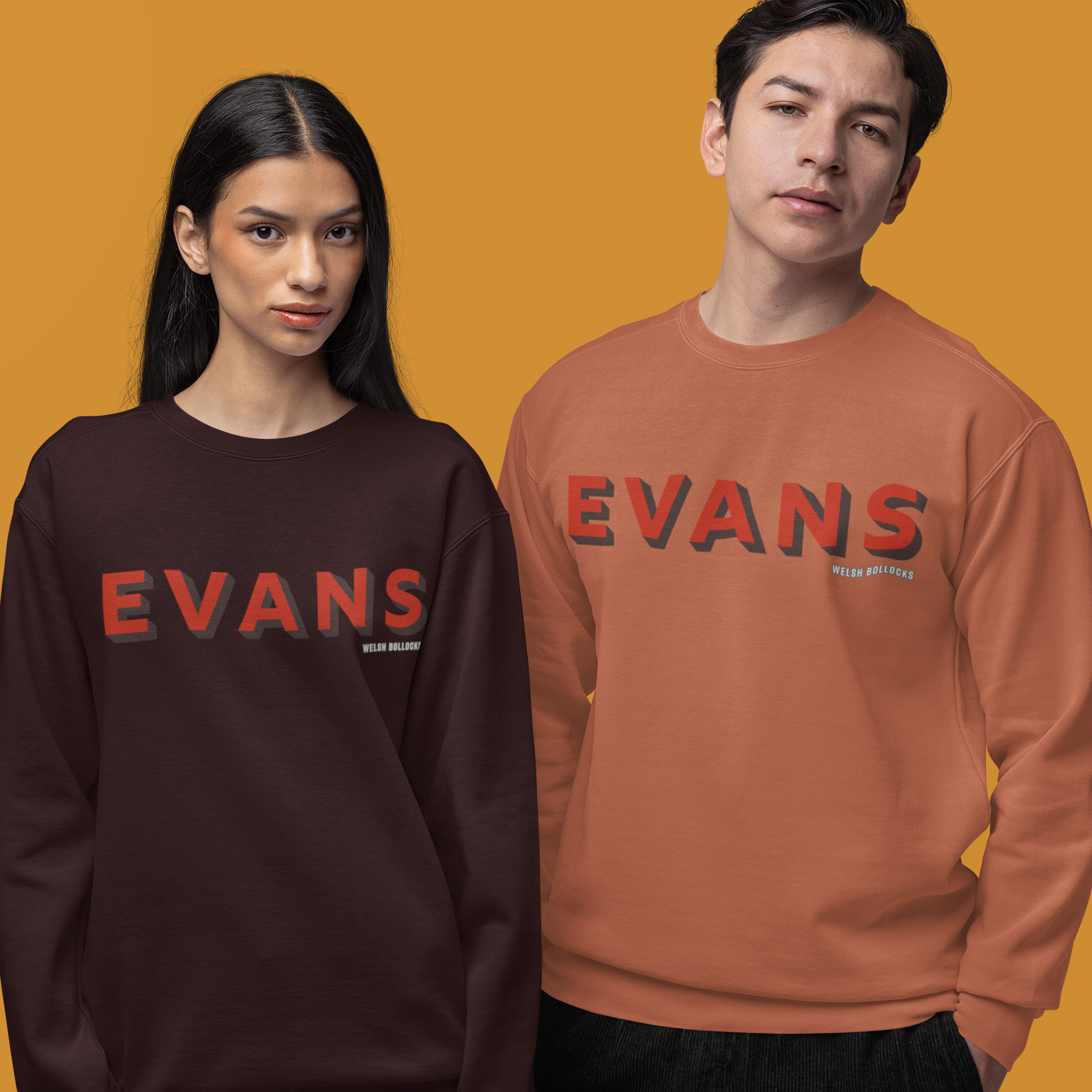 Two people wearing 'EVANS' branded sweatshirts on an orange background