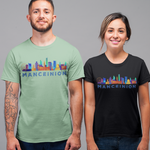 Two people wearing t-shirts with a colorful cityscape design and 'MANCEINION' text on a gray background.