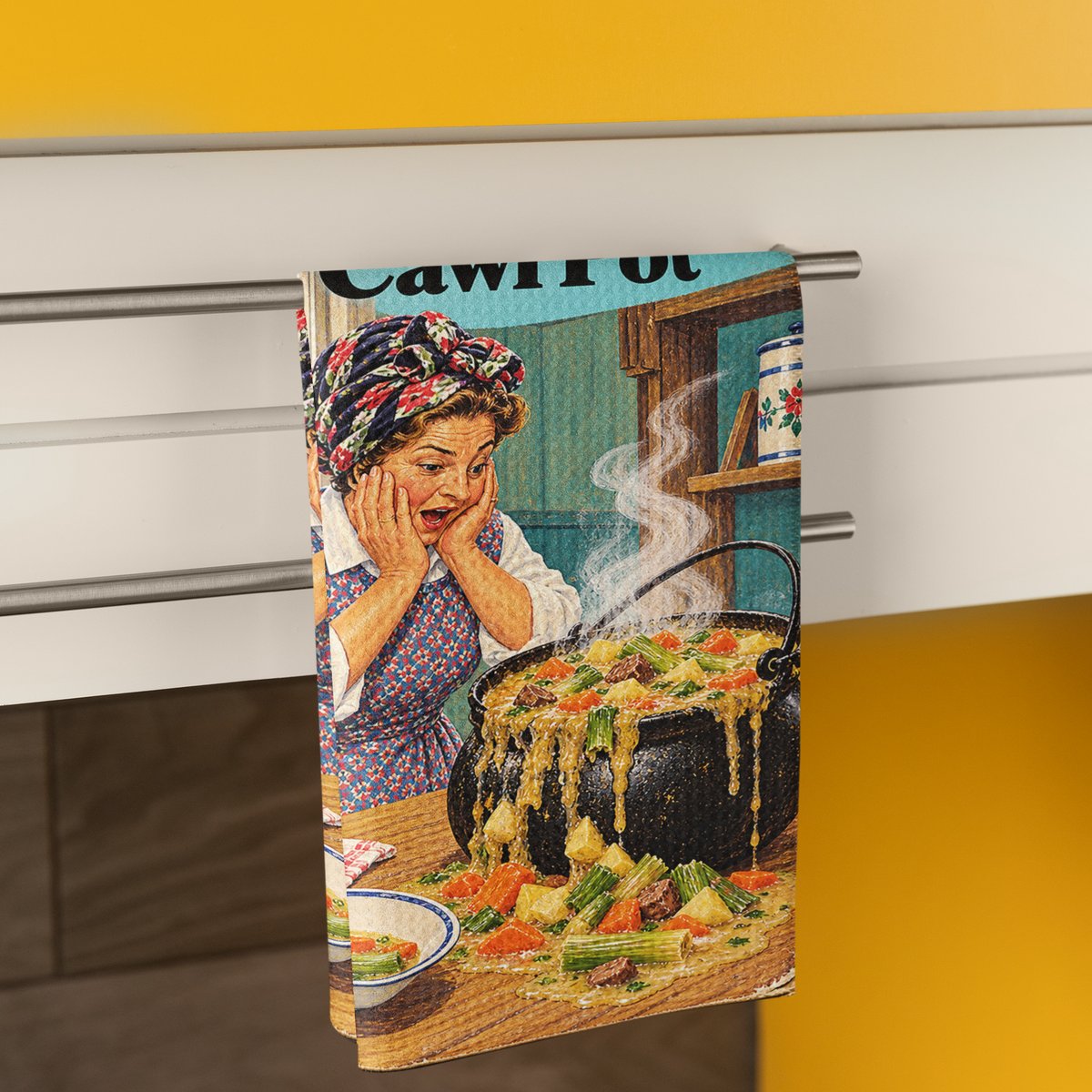 A kitchen towel with a retro-style illustration of a woman cooking over a pot of food, hanging from a metal rack on a white cabinet in a kitchen setting.