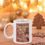A white ceramic mug with a colorful vintage-style Christmas illustration reading 'Nadolig Llawen' on the front, set on a wooden surface with warm holiday lights, ornaments, and wooden decor in the background.