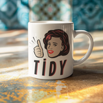 A white ceramic mug with a retro-style illustration of a woman giving a thumbs-up and the word 'TIDY' printed below, set on a reflective surface with a blurred, colorful tiled background.
