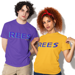 Two people wearing 'REES' t-shirts on a white background