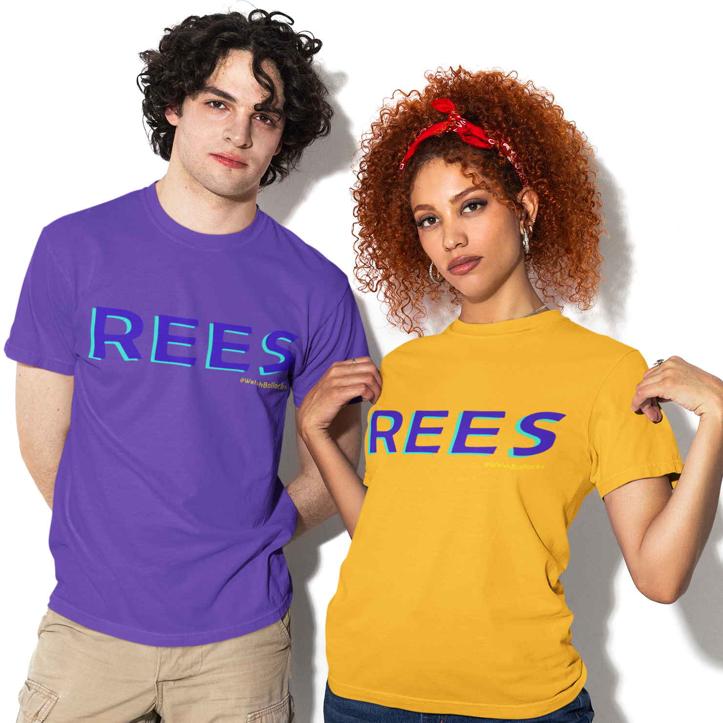 Two people wearing 'REES' t-shirts on a white background