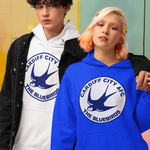 Two models wearing Cardiff City A.F.C Bluebirds logo hoodies