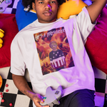 Man wearing a He's a Firestarter  t-shirt in a colorful room with checkered floororman Price 