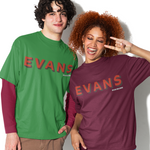 Two people wearing 'EVANS' branded t-shirts on a white background