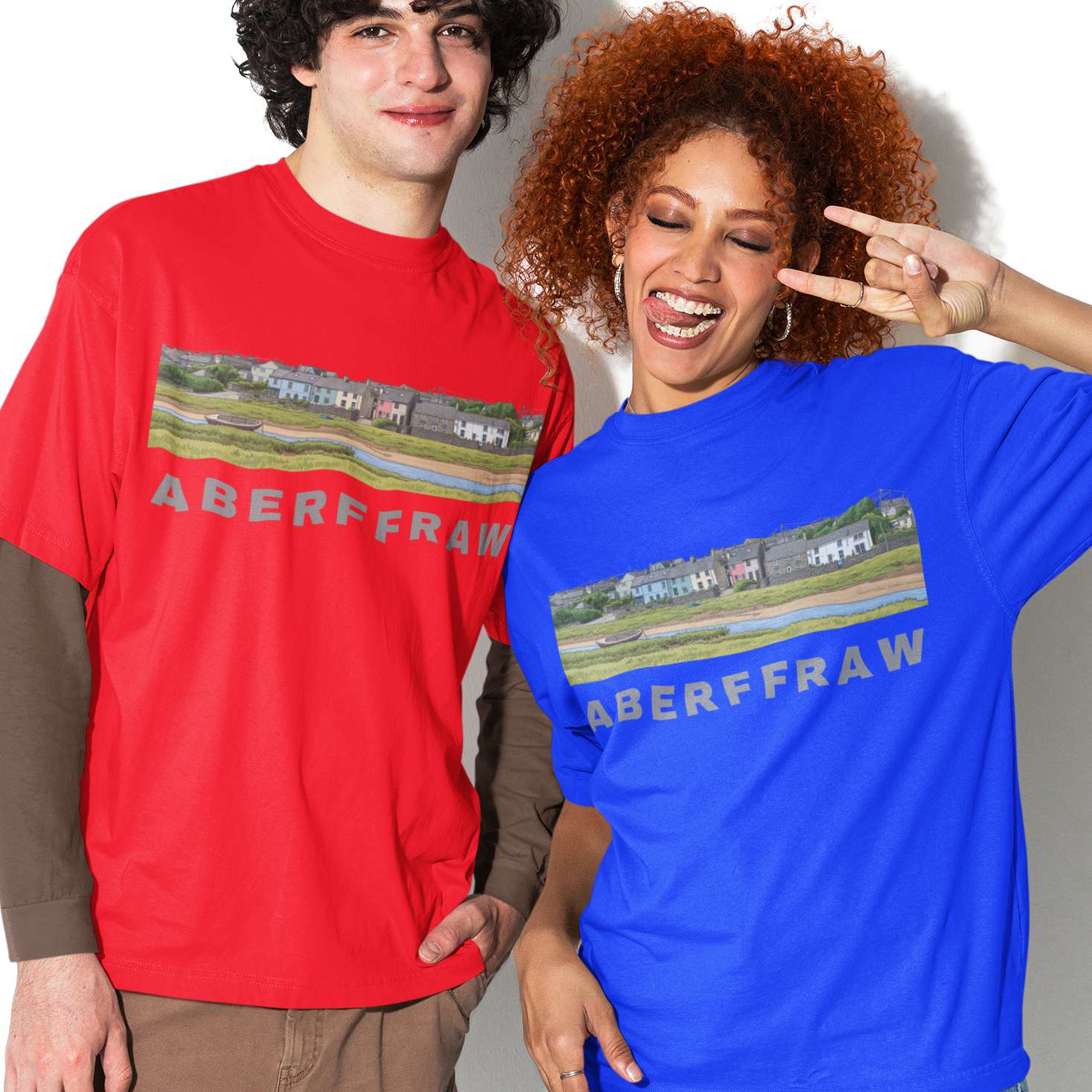 Two people wearing Aberffraw branded t-shirts against a white background