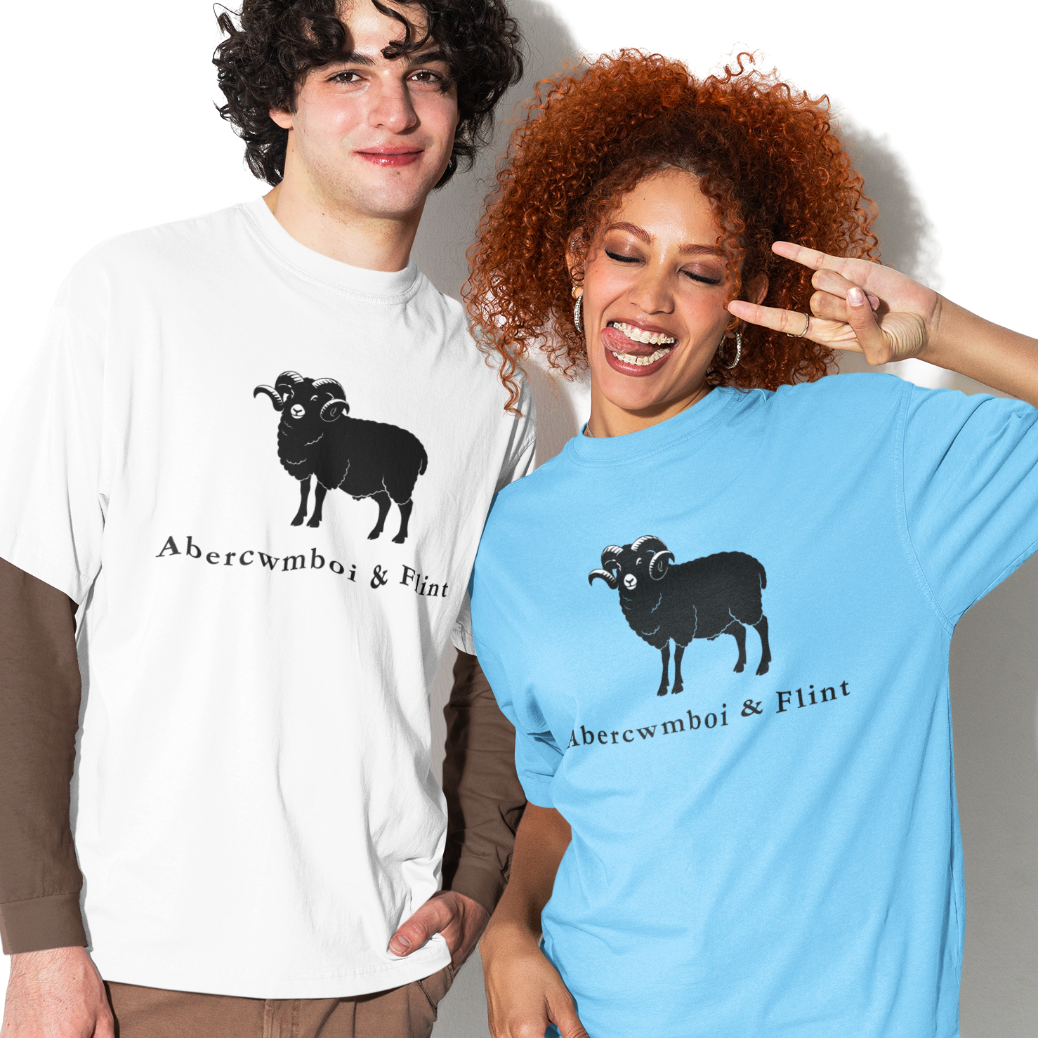 Two people wearing t-shirts with a logo and text on a white background