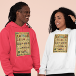 Two models holding hands, one wearing a bright pink hoodie and the other wearing a white hoodie, both featuring a large vintage-style illustrated graphic on the chest, set against a solid pale peach background.
