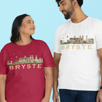 Two people wearing t-shirts with 'BRYSTE' design on a blue background